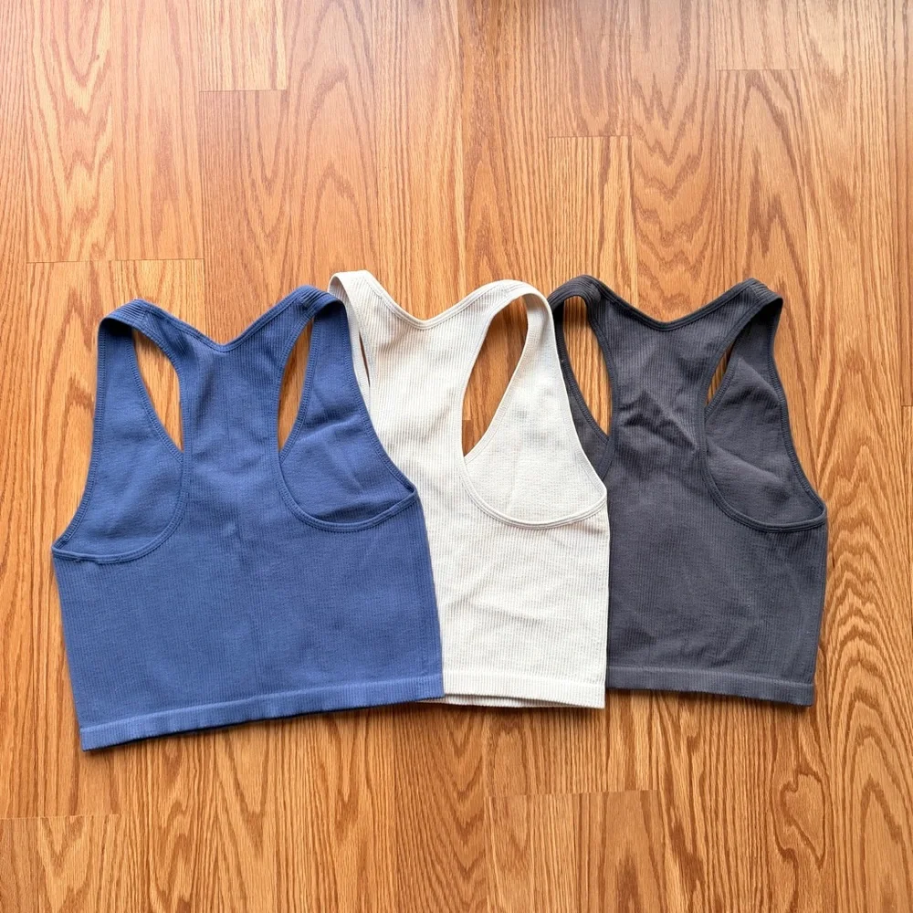 Zella Ribbed Brami Tank Set of 3 – Size Large (Neutral + Blue)